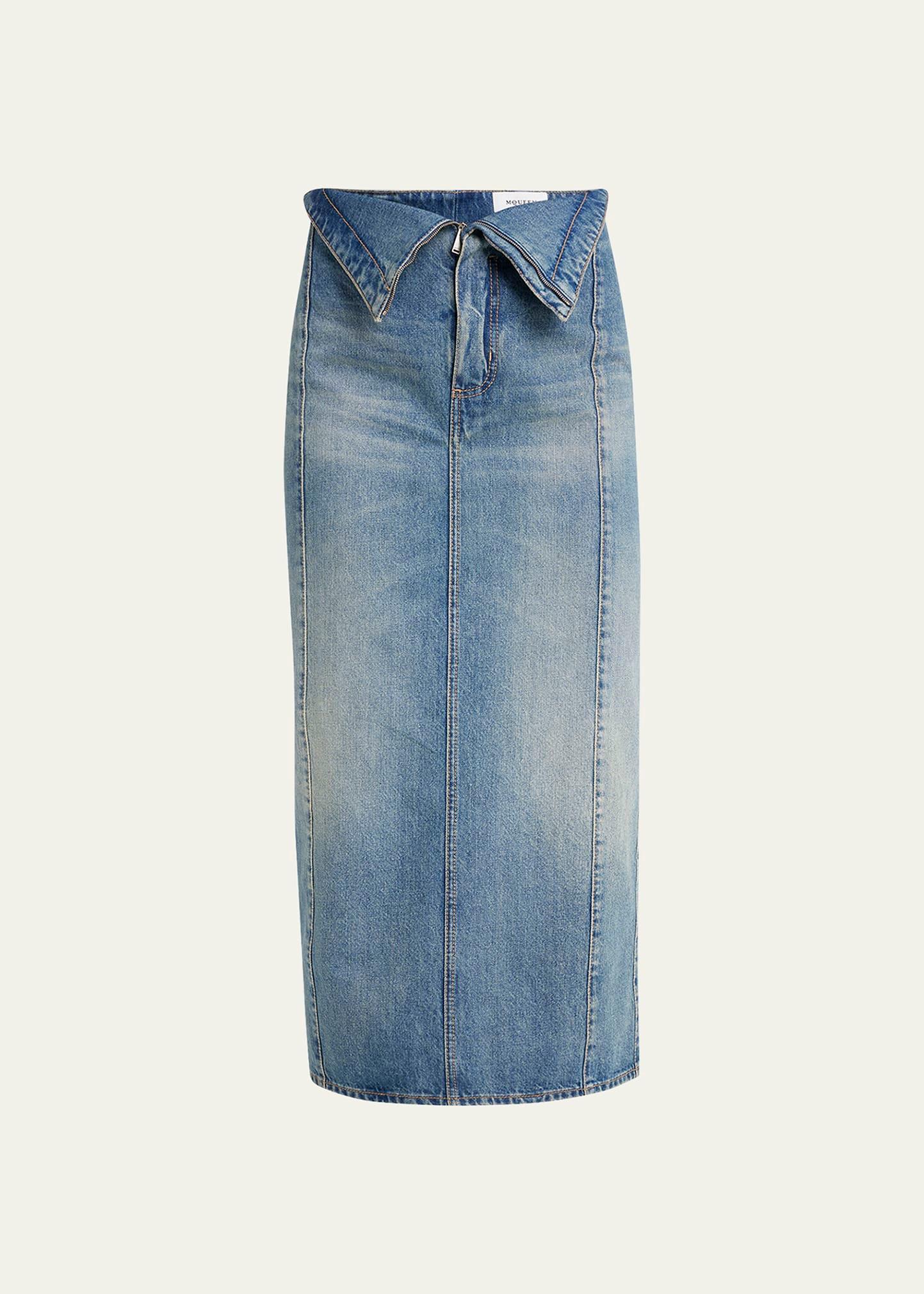 foldover-waist midi denim skirt