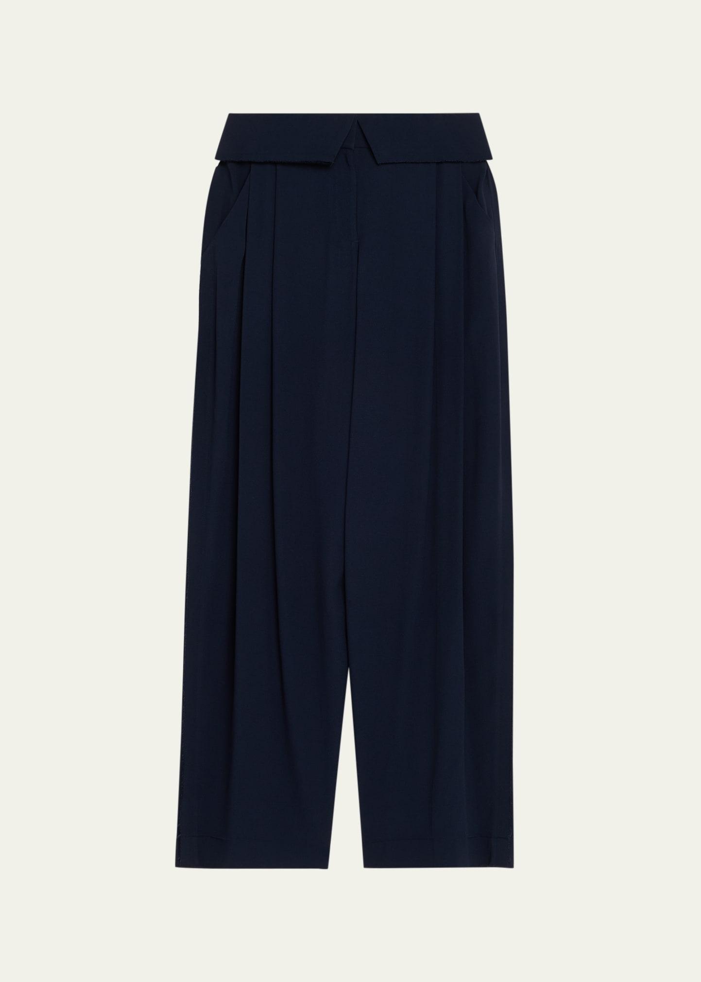 foldover-waist pleated wide-leg pants