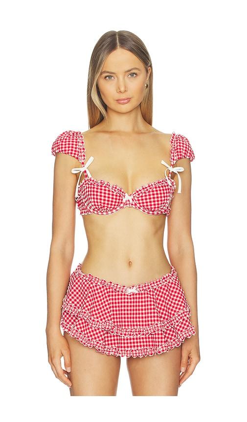 for love & lemons alison puff sleeve bikini top in red.