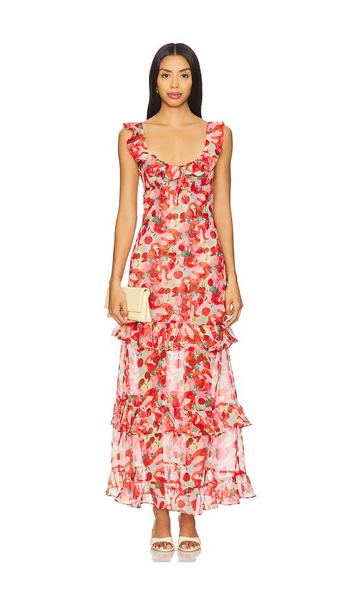 for love & lemons ambrosia maxi dress in red.