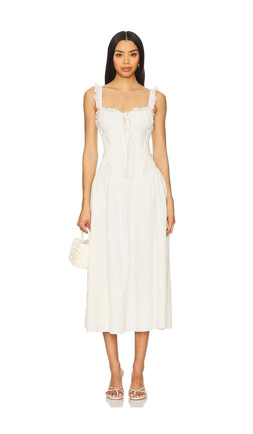 for love & lemons baby daisy poplin midi dress in white.