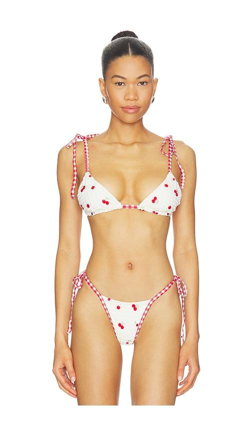 for love & lemons beaded cherries bikini top in cream,red.