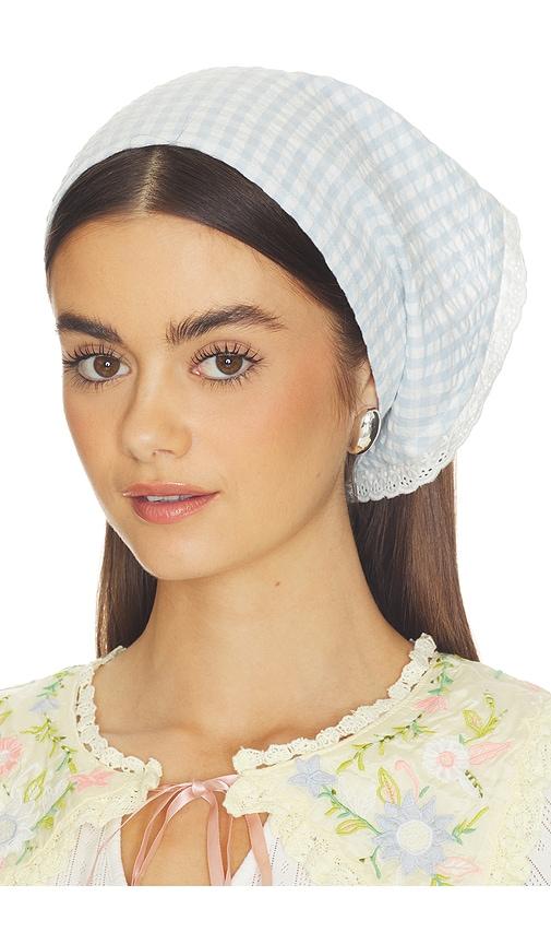 for love & lemons bradford gingham headscarf in baby blue.