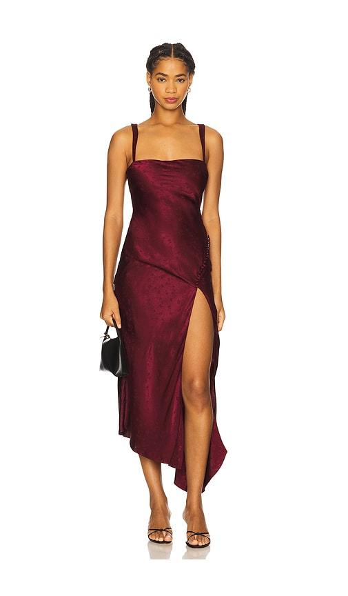 for love & lemons carla jacquard midi dress in burgundy.