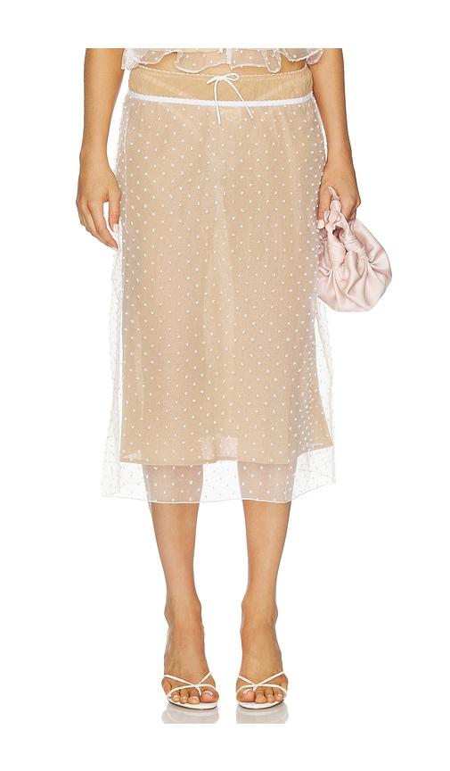 for love & lemons devon dot midi skirt in white.