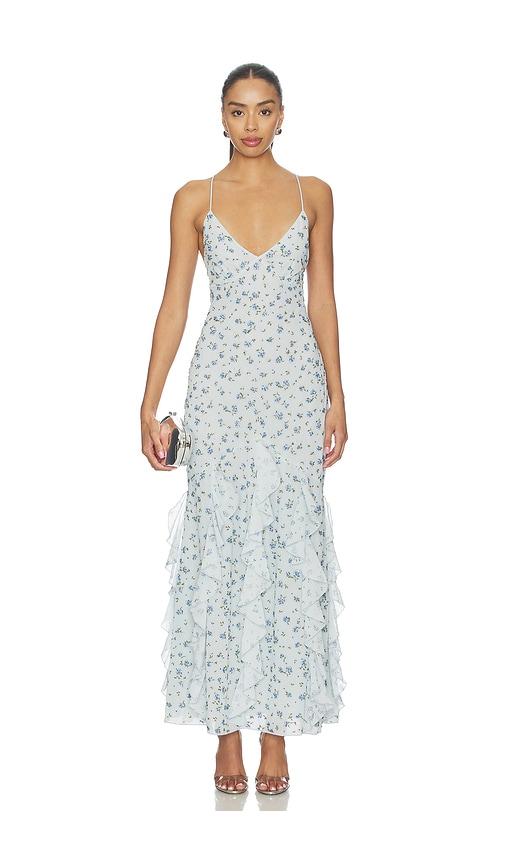 for love & lemons elea beaded maxi dress in baby blue.