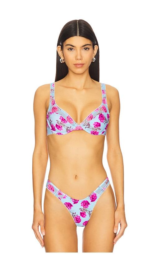 for love & lemons floral stems ruffle underwire bikini top in blue,purple.