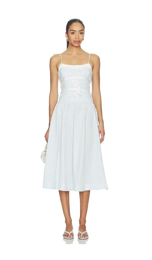 for love & lemons georgia gingham midi dress in baby blue.