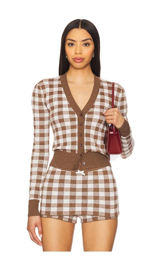for love & lemons gingham knit cardigan in brown.