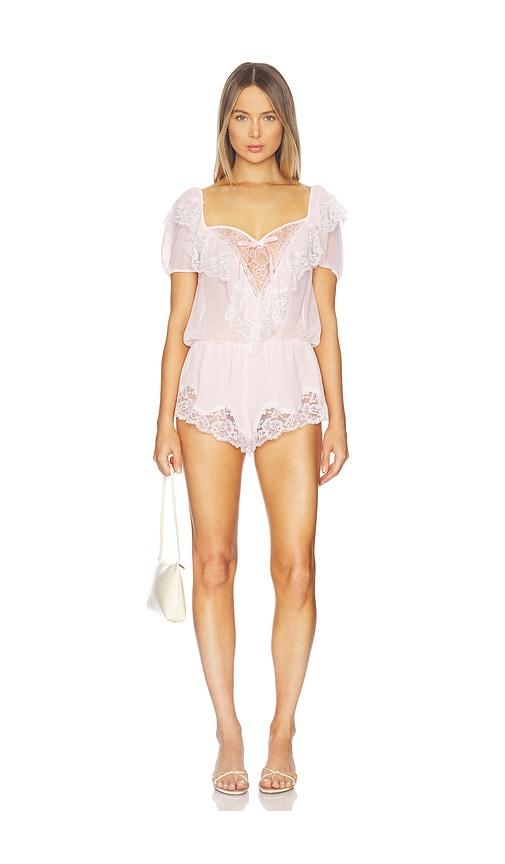 for love & lemons grace romper in pink.