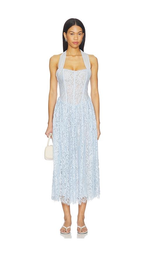 for love & lemons lakeside midi dress in baby blue.