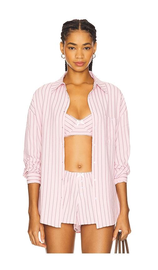 for love & lemons mindy striped button down shirt in pink.