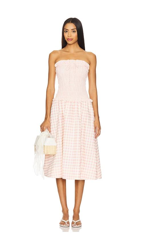for love & lemons petal gingham midi dress in peach.