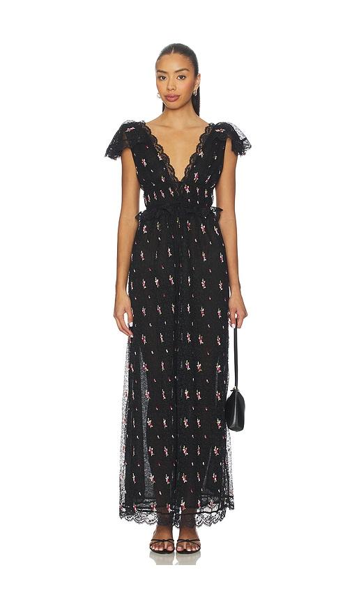 for love & lemons poppy pleated lace maxi dress in black.