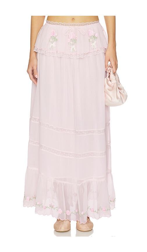for love & lemons rae rose maxi skirt in pink.