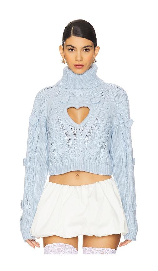 for love & lemons rebecca heart sweater in baby blue.