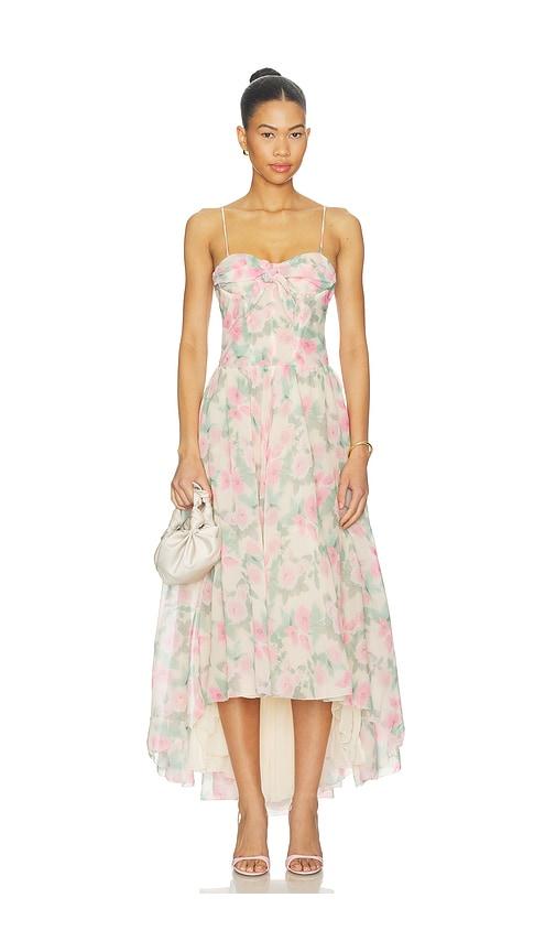 for love & lemons satin burnout maxi dress in pink.