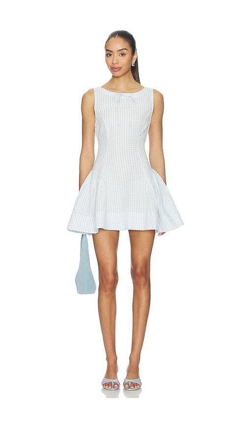for love & lemons scotch bonnet gingham mini dress in baby blue.