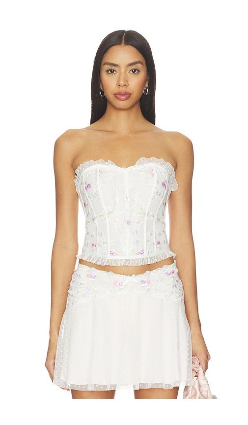 for love & lemons spring blossom corset top in white.