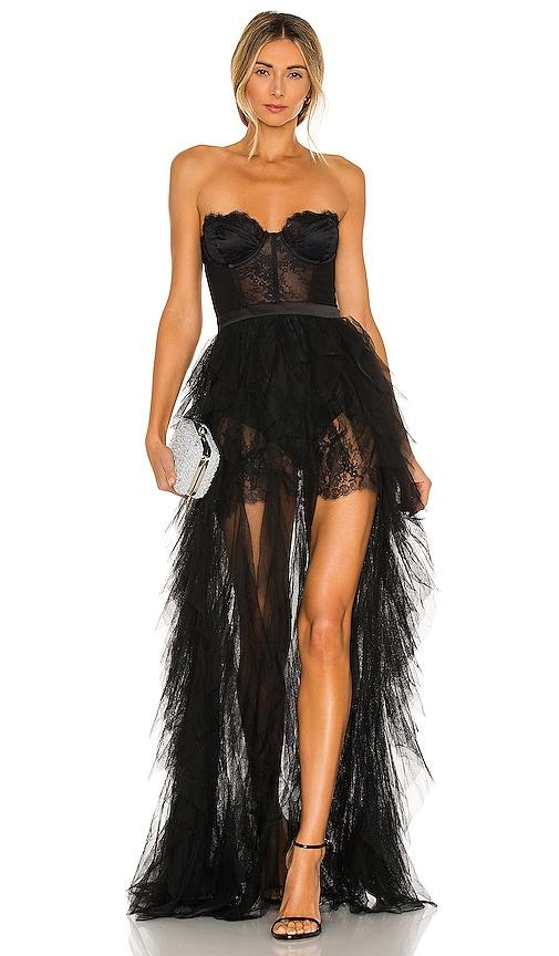 for love & lemons x revolve bustier gown in black.