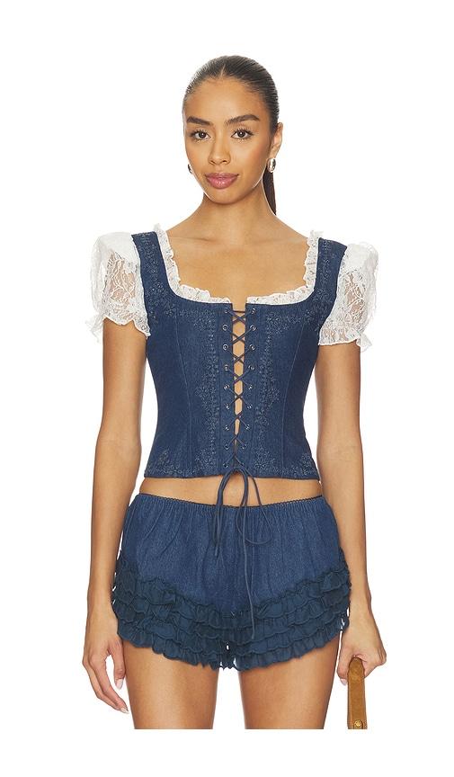 for love & lemons yasmin lace up top in blue.