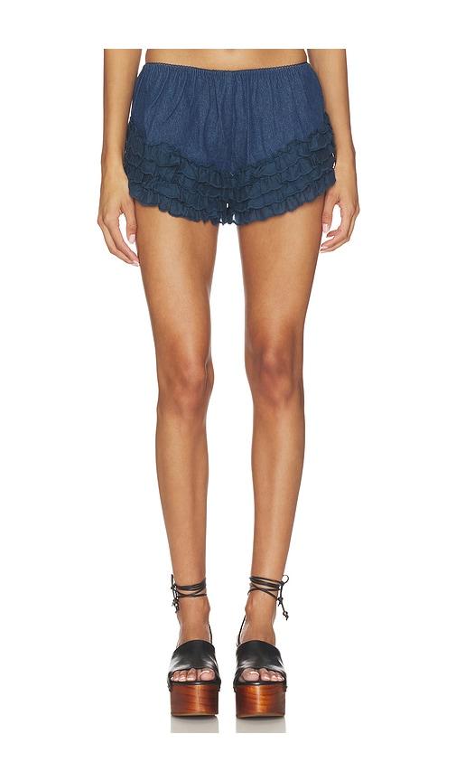 for love & lemons yasmin ruffle shorts in blue.