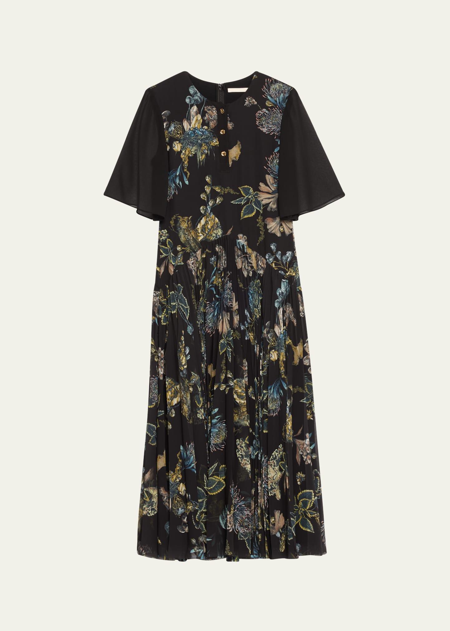 forest floral pleated drop waist midi dress