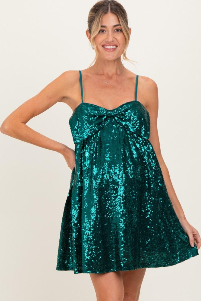 forest green bow front sleeveless sequin maternity mini dress