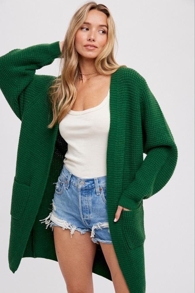 forest green chunky waffle knit cardigan