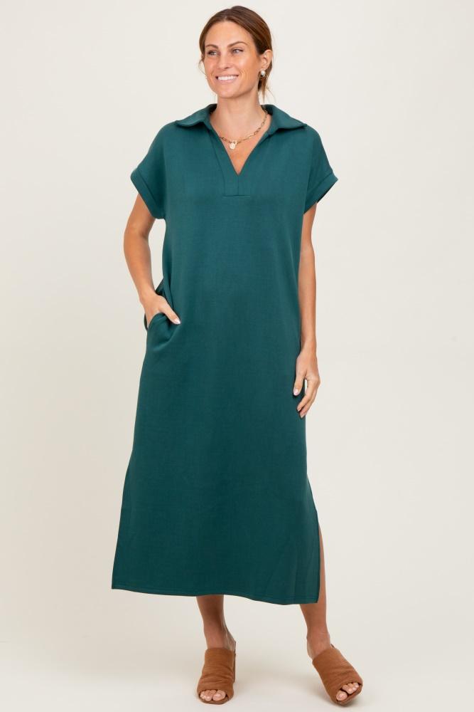 forest green collared short sleeve midi dress