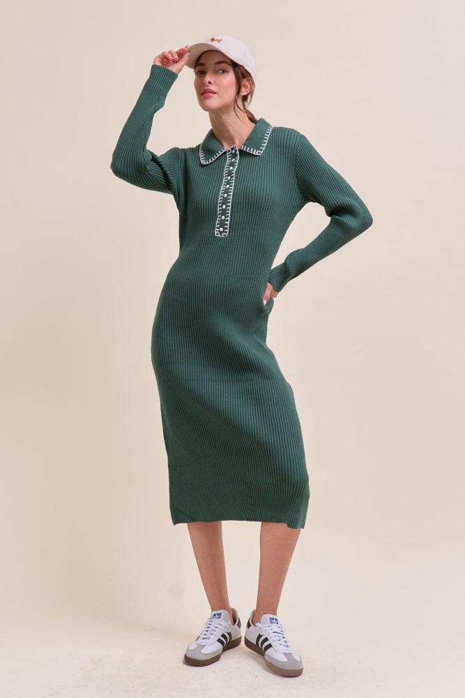 forest green contrast stitch midi sweater dress