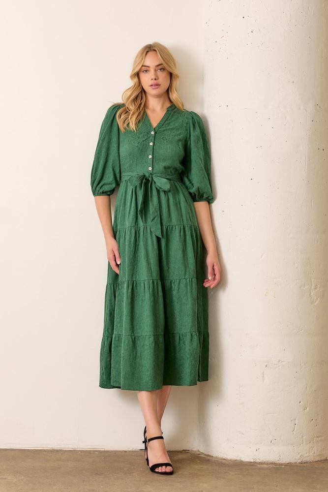 forest green floral jacquard button front tiered dress