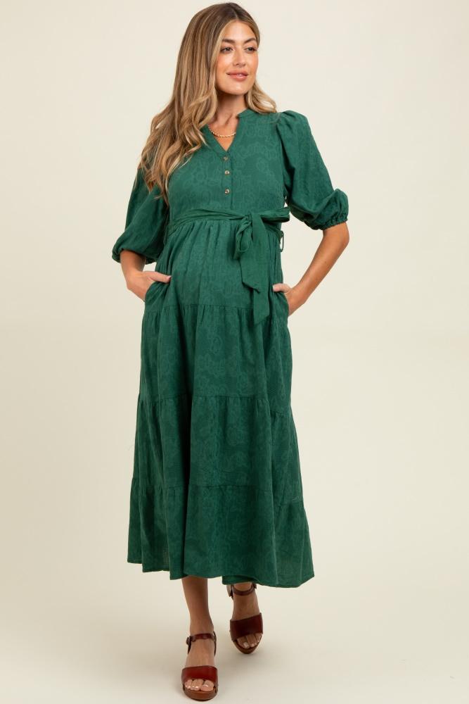 forest green floral jacquard button front tiered maternity dress