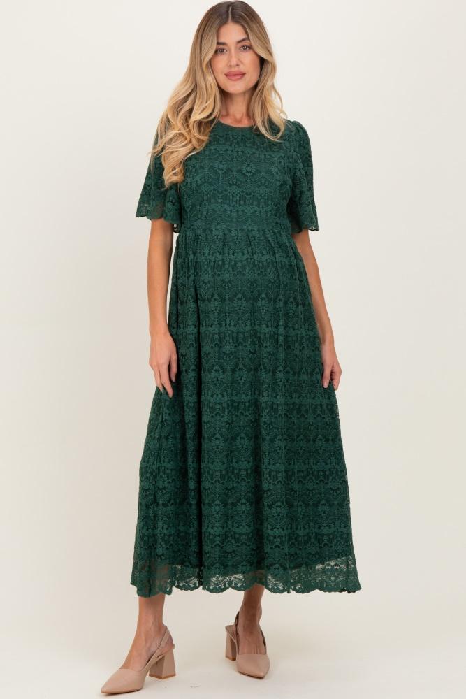 forest green floral lace maternity midi dress
