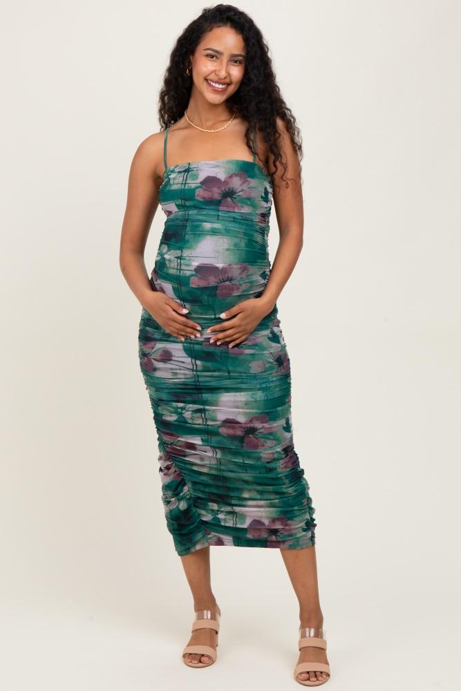 forest green floral mesh ruched sleeveless maternity midi dress