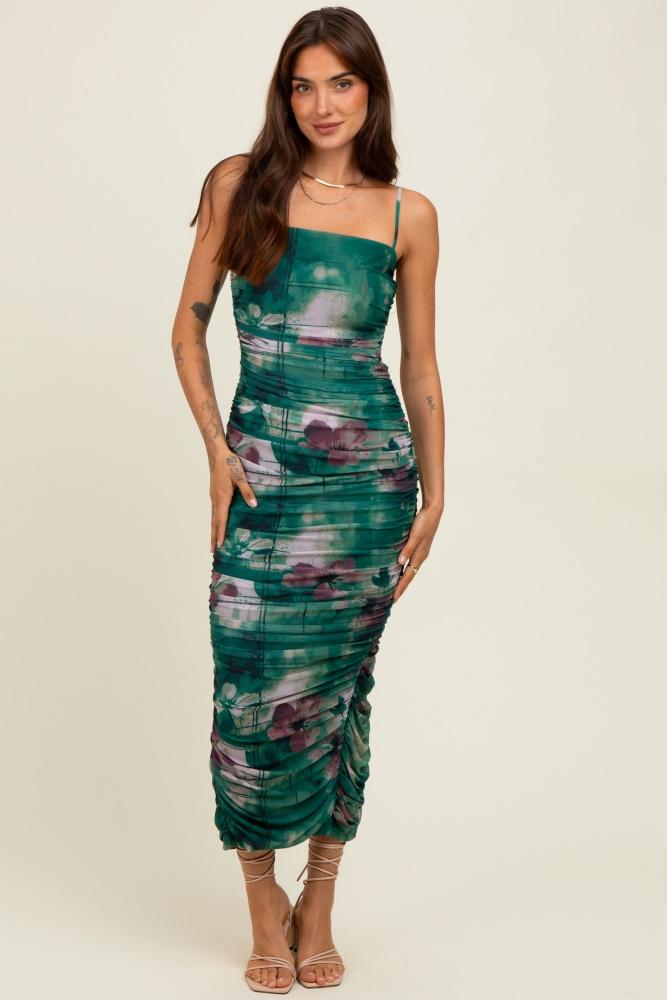 forest green floral mesh ruched sleeveless midi dress