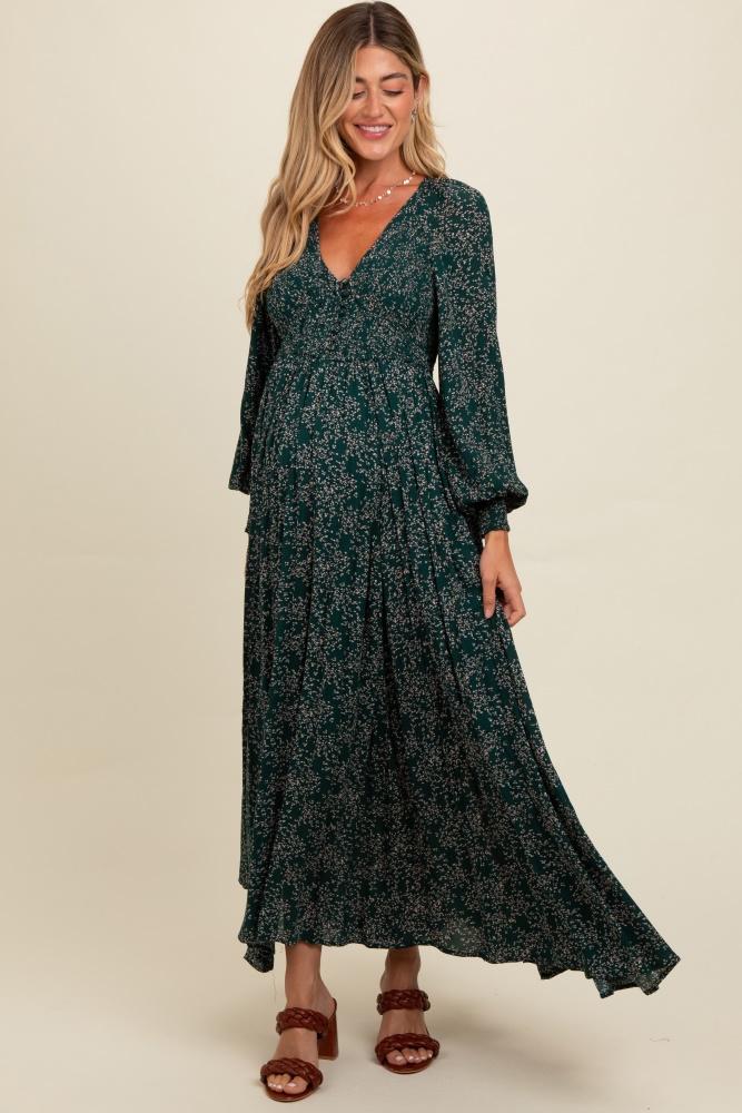 forest green floral smocked button detail maternity maxi dress
