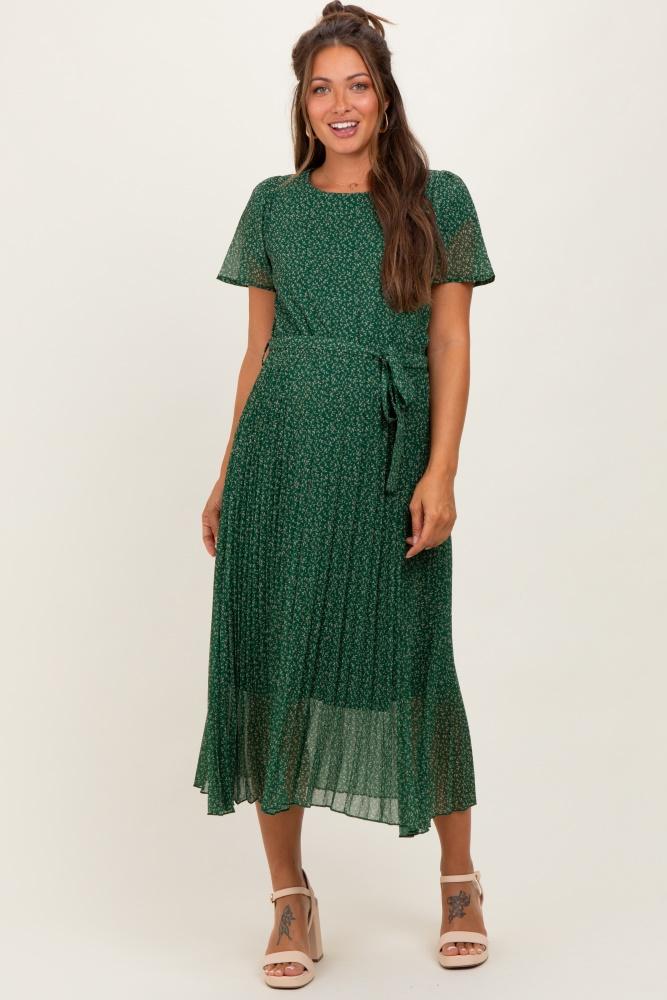 forest green leaf print pleated maternity midi dress
