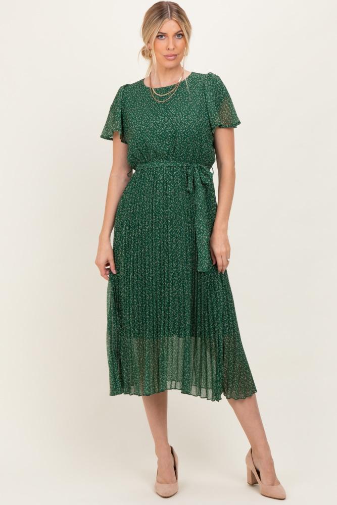forest green leaf print pleated midi dress
