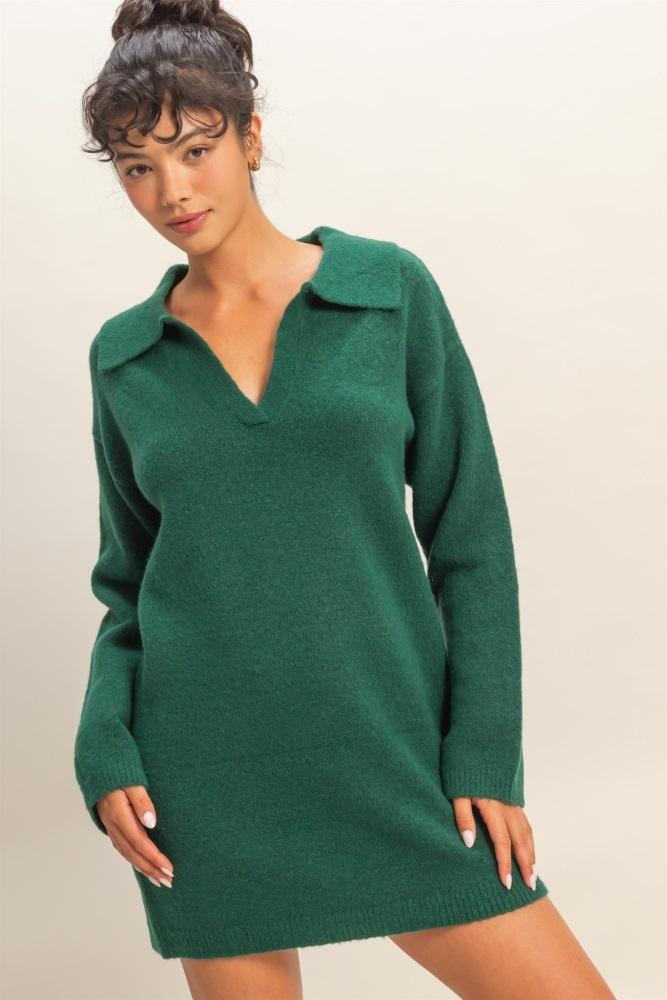 forest green long sleeve polo sweater dress