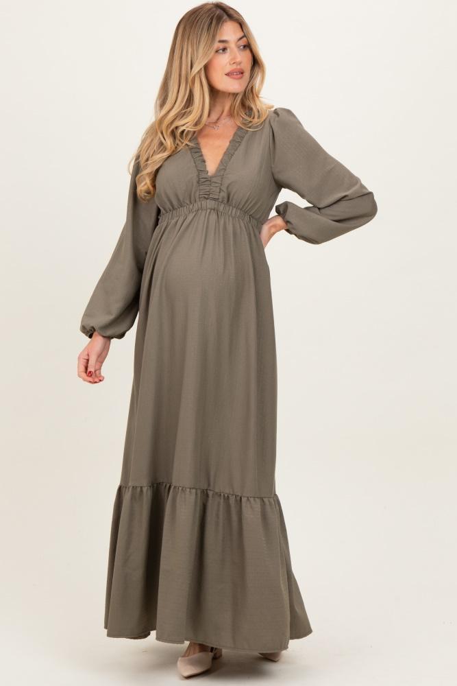 forest green long sleeve v-neck tiered maternity maxi dress
