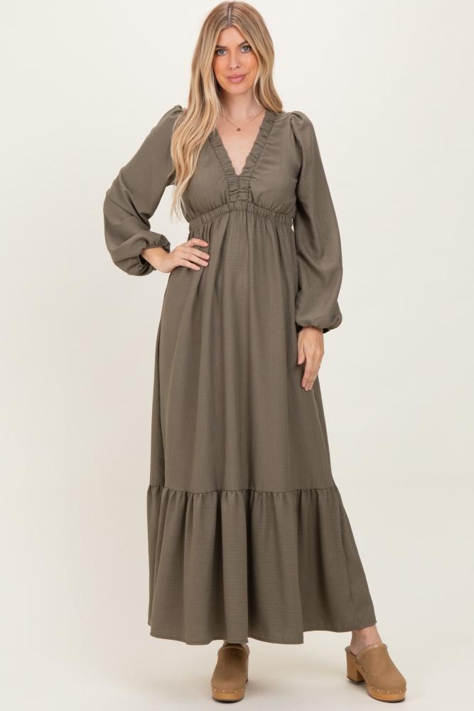 forest green long sleeve v-neck tiered maxi dress