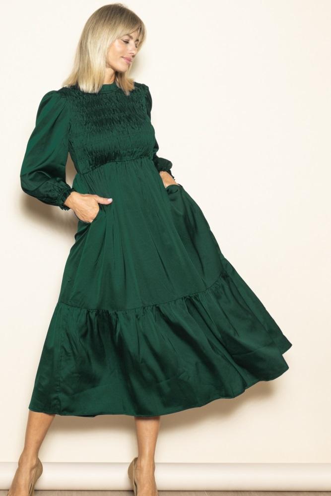 forest green mock neck satin smocked chest dress