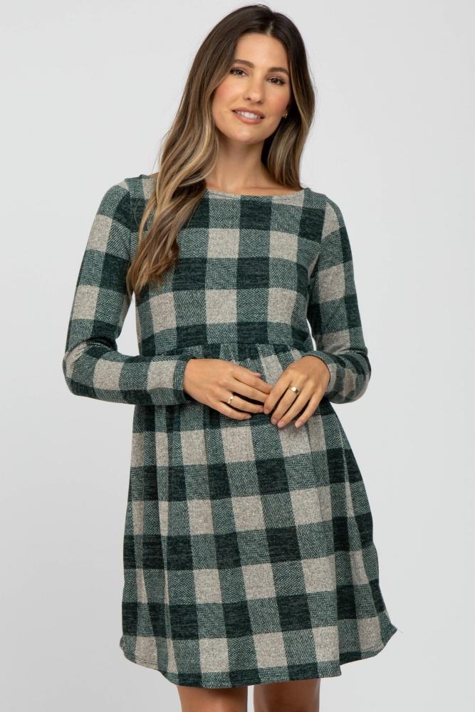 forest green plaid knit maternity dress
