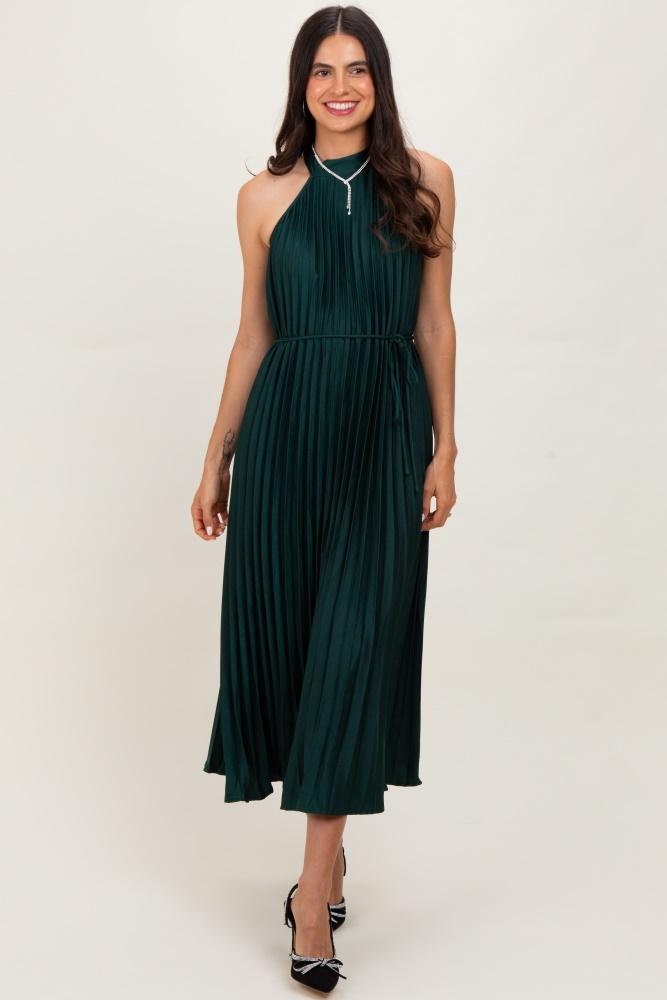 forest green pleated halter dress