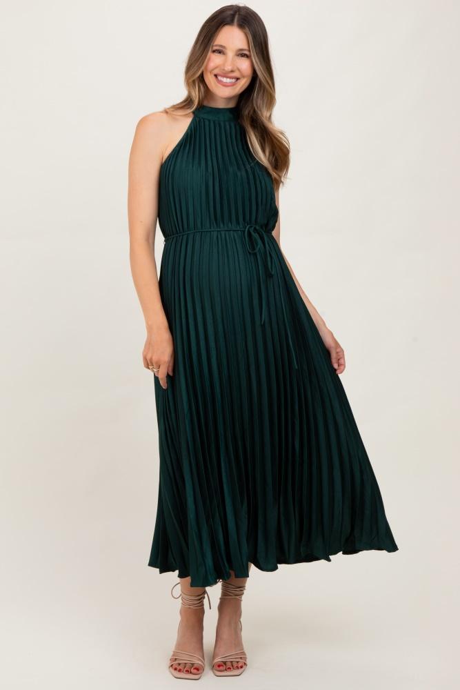 forest green pleated maternity halter dress