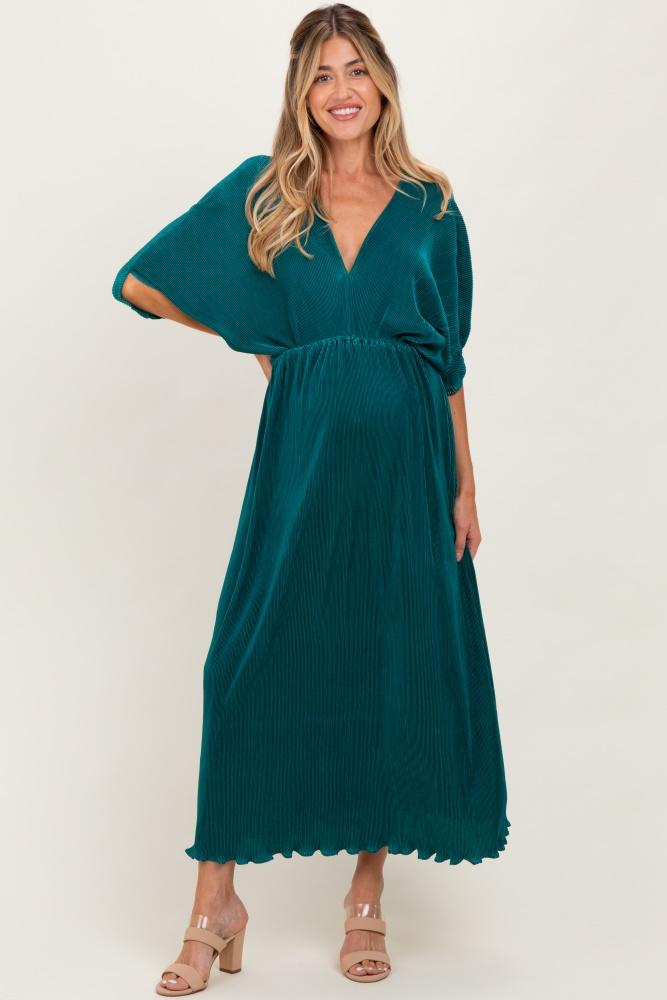 forest green pleated satin dolman sleeve maternity maxi dress