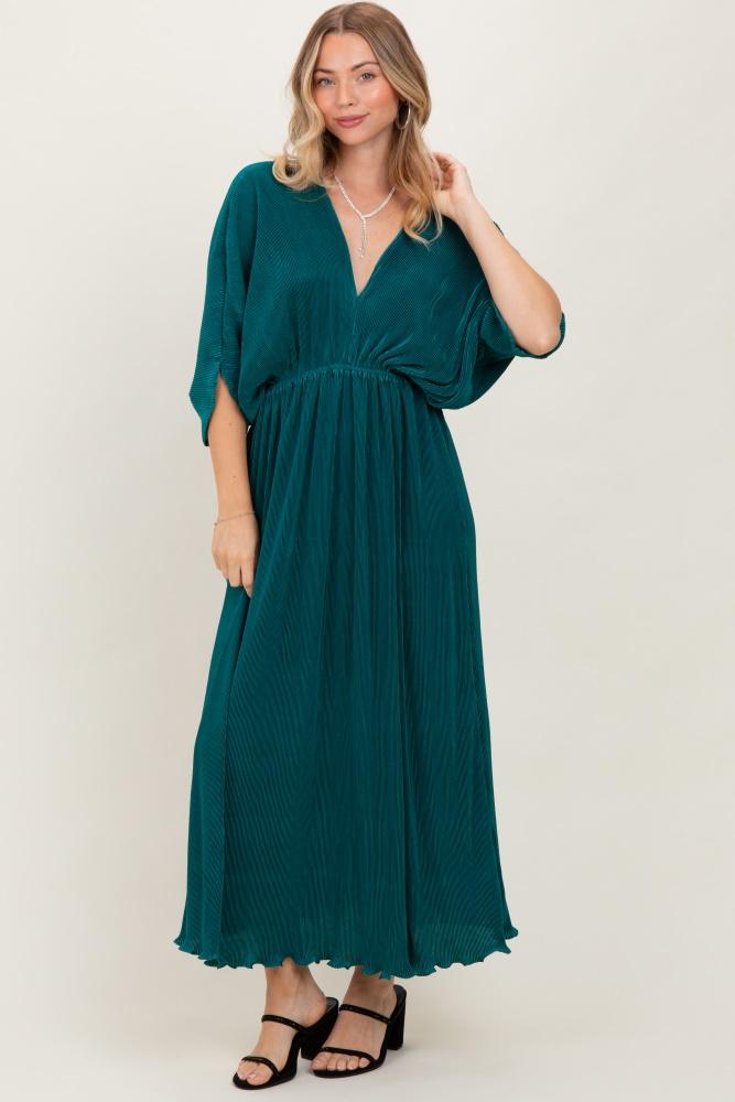 forest green pleated satin dolman sleeve maxi dress