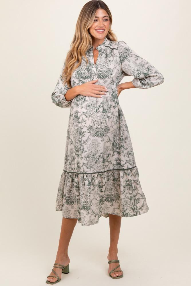 forest green printed split ruffle collar maternity midi dress