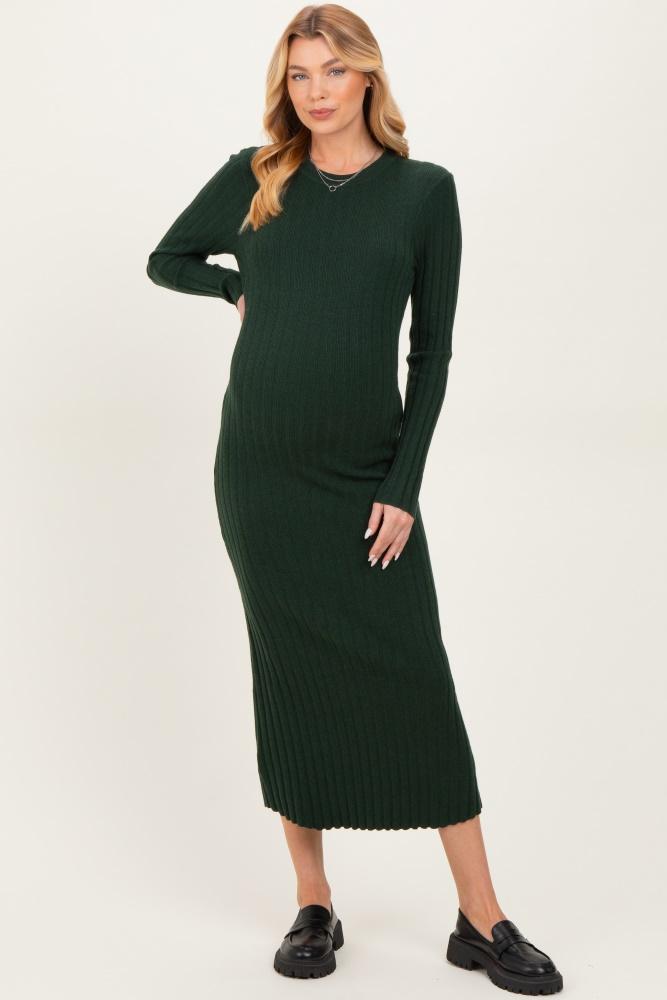 forest green ribbed knit fitted maternity midi sweater dress